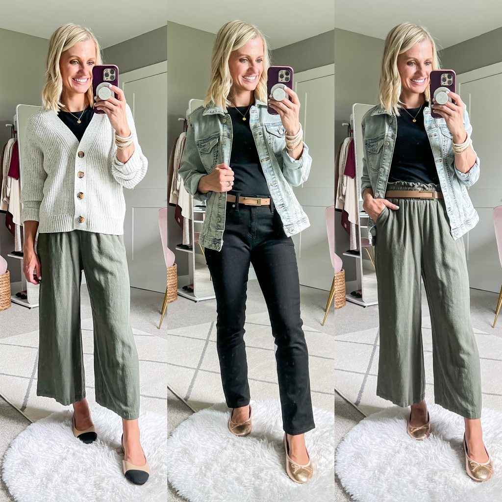 fall teacher capsule wardrobe collage with dark green wide-leg pants, skinny black pants and jean jacket