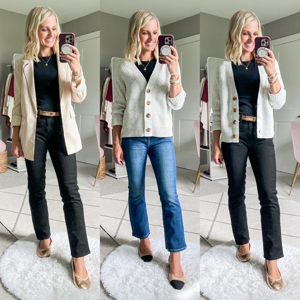 teacher capsule wardrobe collage with neutral cardigan and blazer and ballet flats