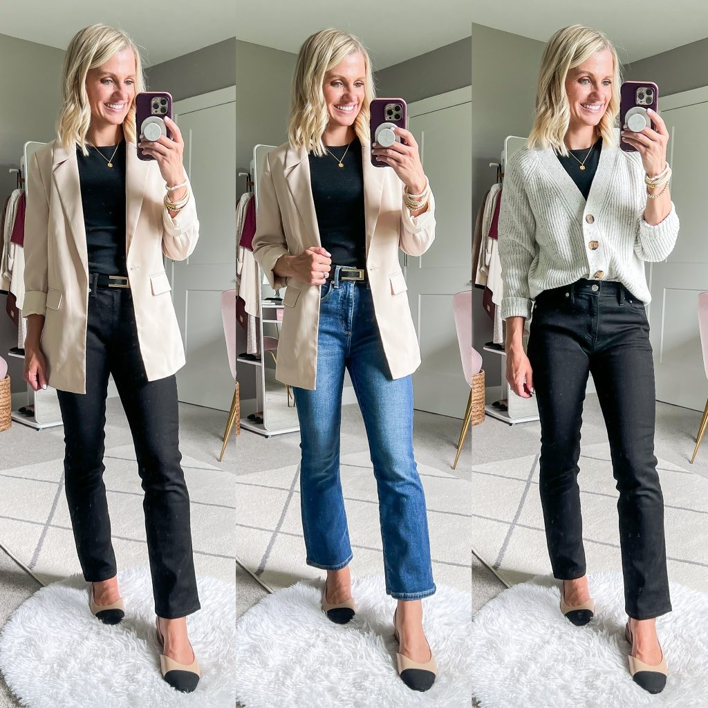 fall teacher capsule wardrobe collage with light blazer and cardigan