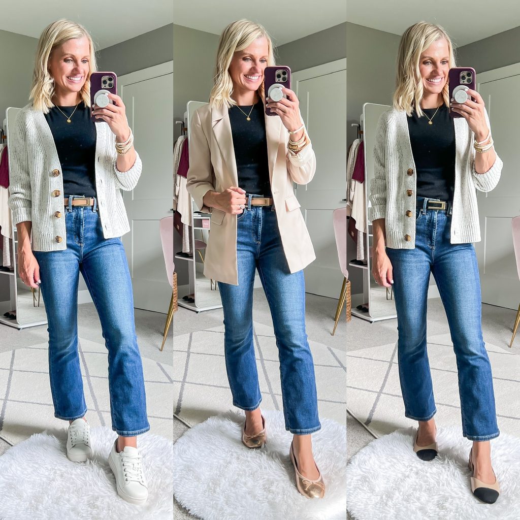 fall teacher capsule wardrobe with kick-crop denim and cardigan or blazer