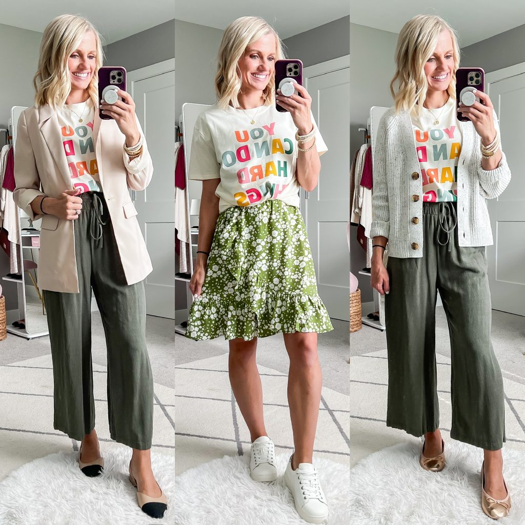 fall teacher capsule wardrobe ideas graphic tshirt with skirt and trousers