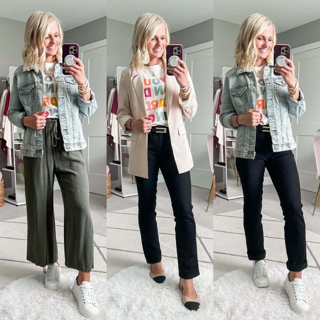 fall teacher capsule outfit ideas with graphic tee styled three ways