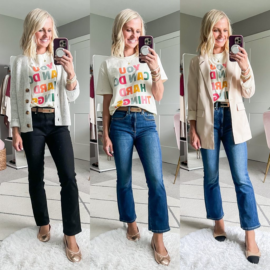 fall teacher capsule wardrobe graphic t-shirt styled three ways