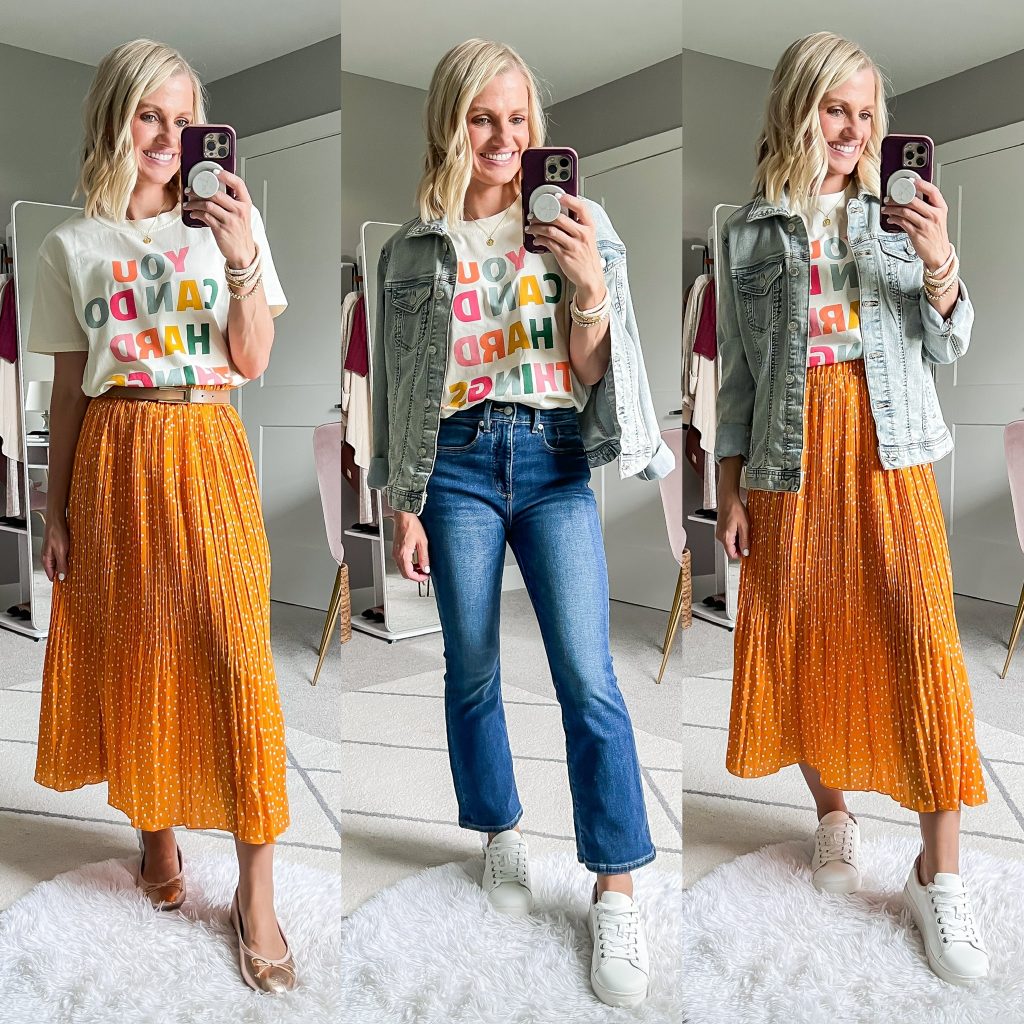 fun fall teacher outfit idea graphic t-shirt styled three ways