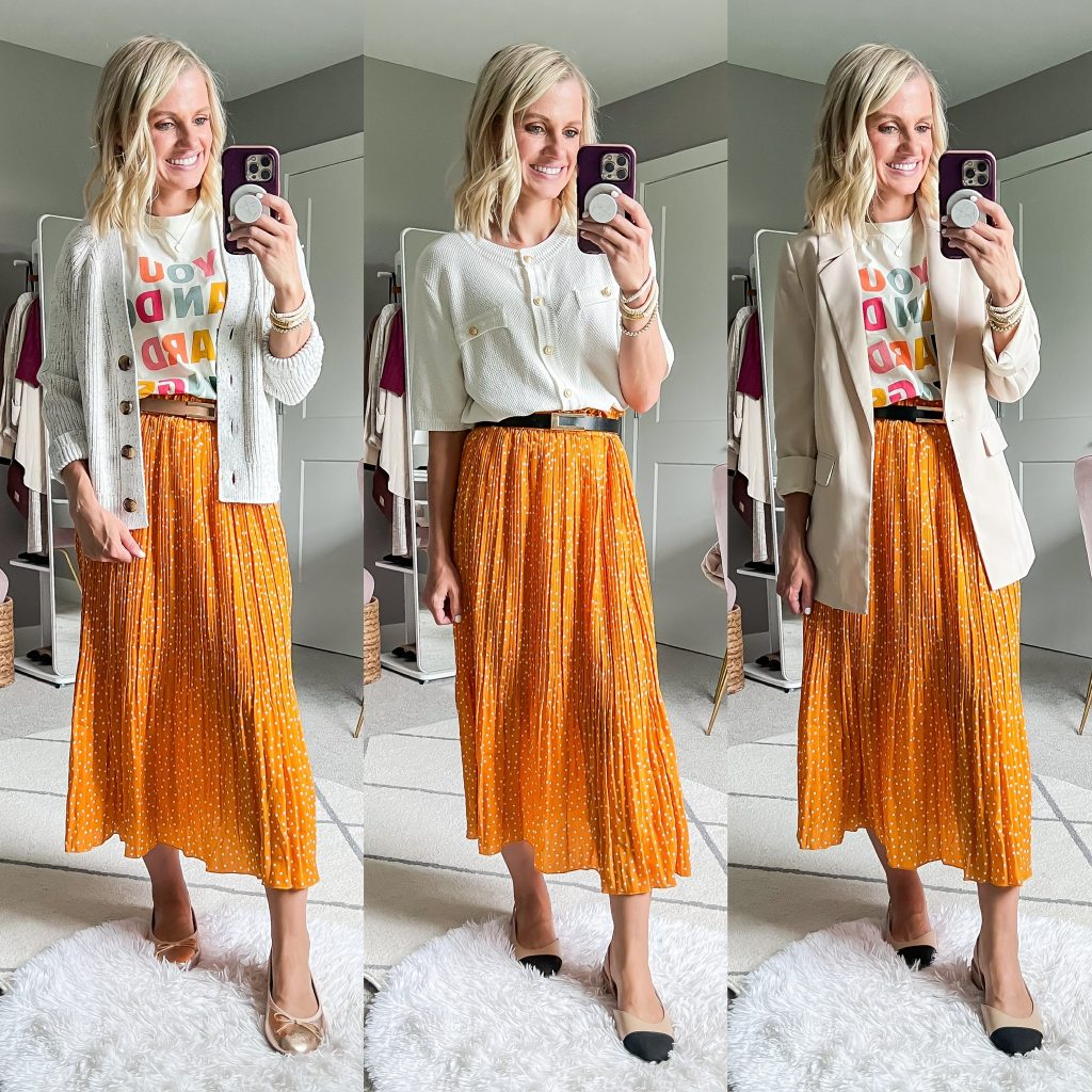 fall teacher outfits orange midi skirt styled with a t-shirt and cardigan, sweater top, and t-shirt and blazer.