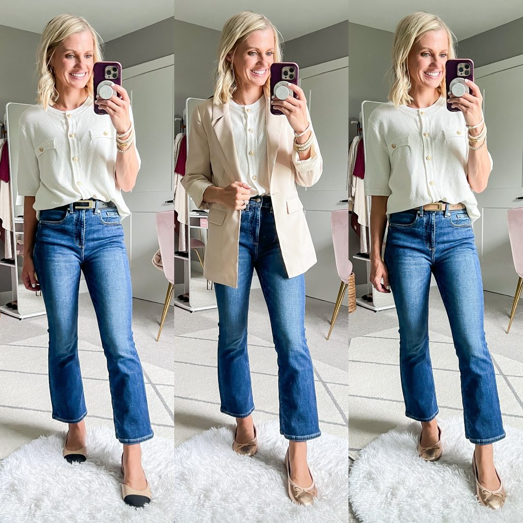 fall teacher capsule wardrobe with white button down shirt and jeans styled three ways