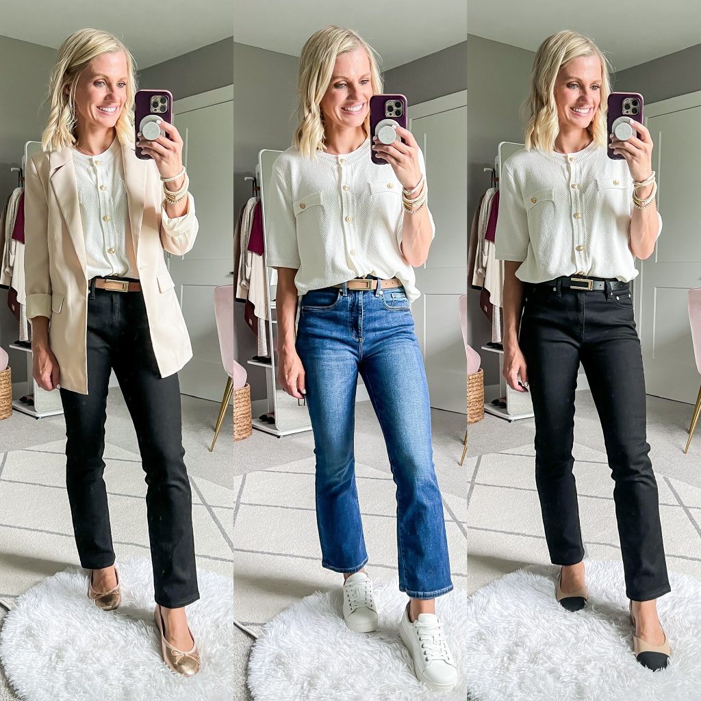 teacher capsule wardrobe with white button down shirt styled three ways