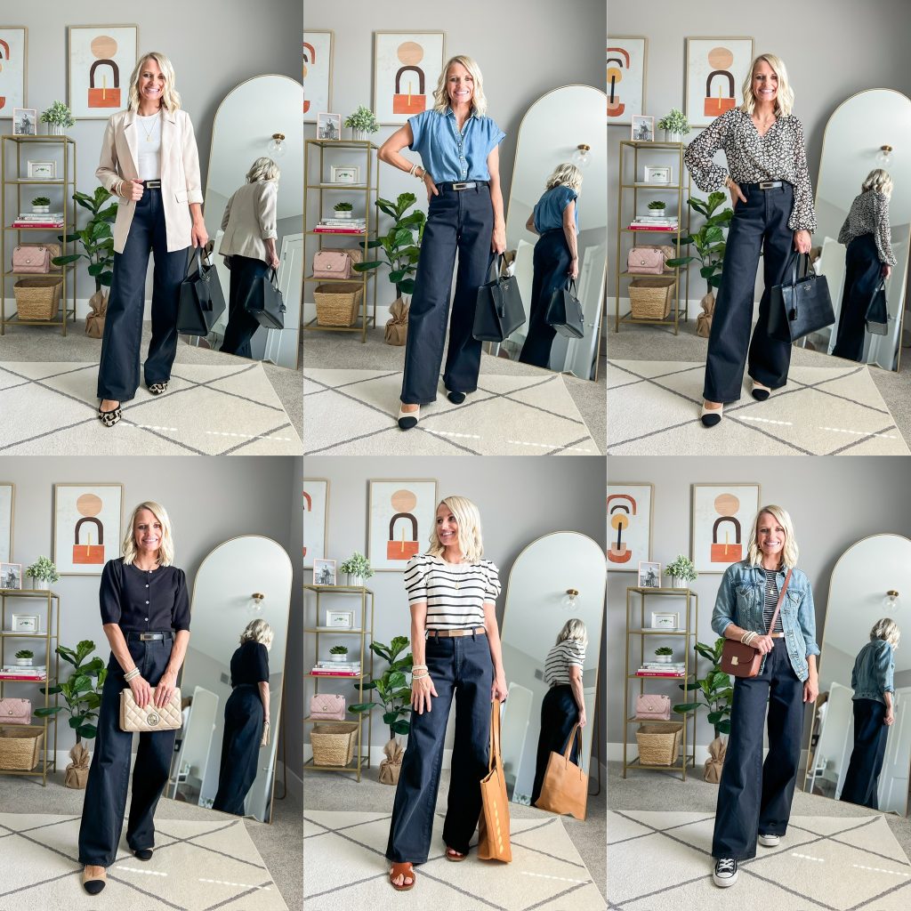 outfits using black wide leg jeans in a collage