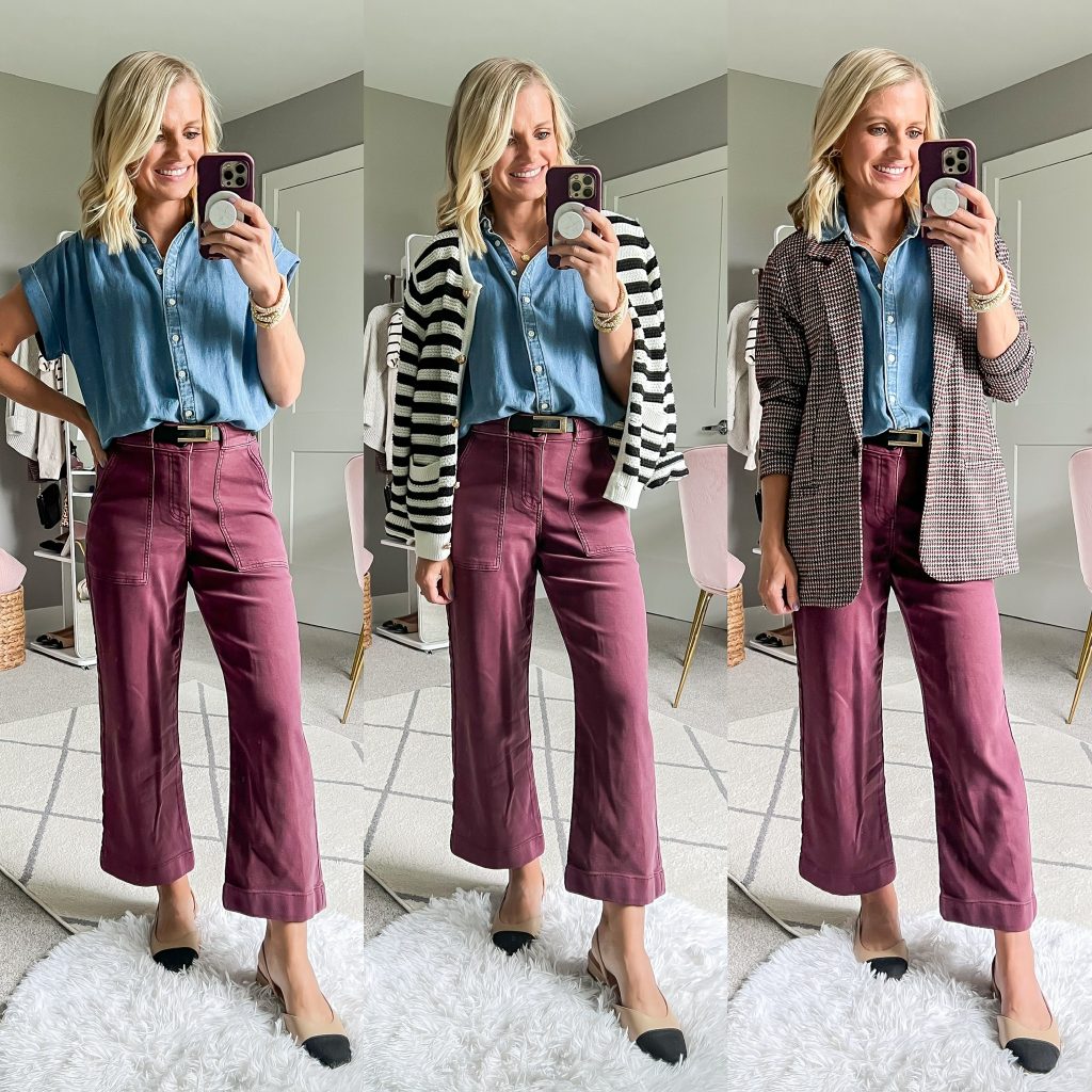 fall capsule wardrobe outfits with burgundy pants and ballet flats