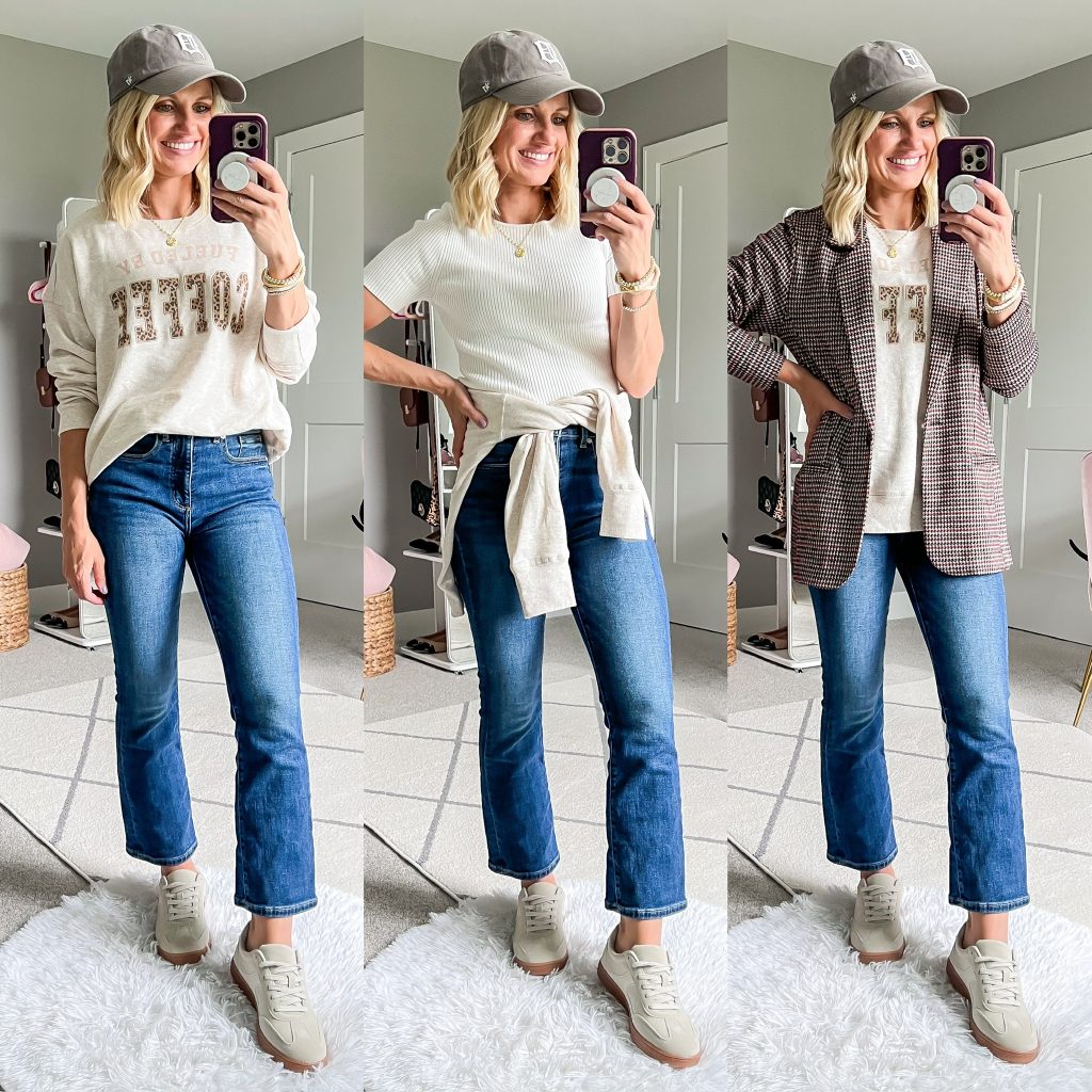 fall mom outfit ideas with jeans, gum sole sneakers and sweatshirts