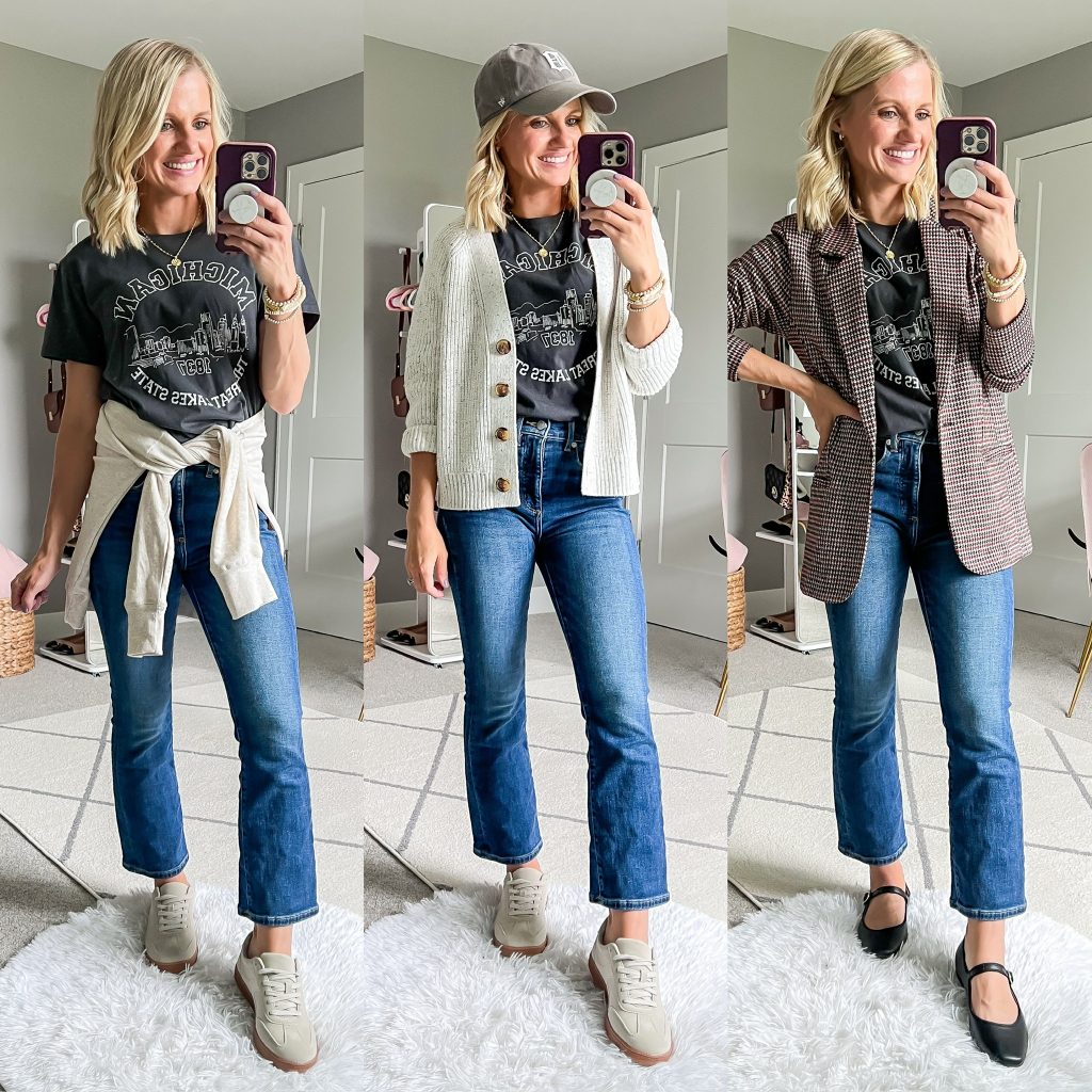 cropped jeans outfit ideas for moms with graphic t-shirts