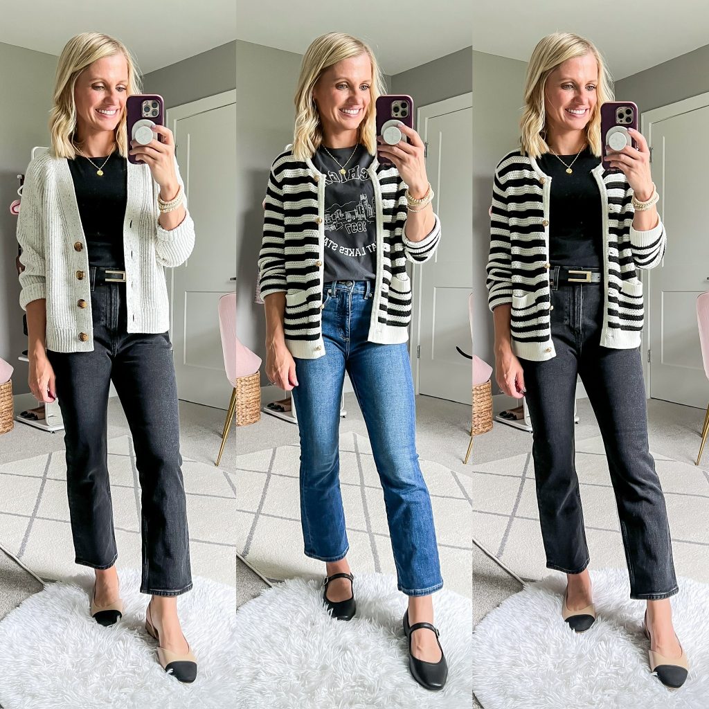 capsule wardrobe for fall with cropped denim and layers- lady cardigan or knit cardigan and flats