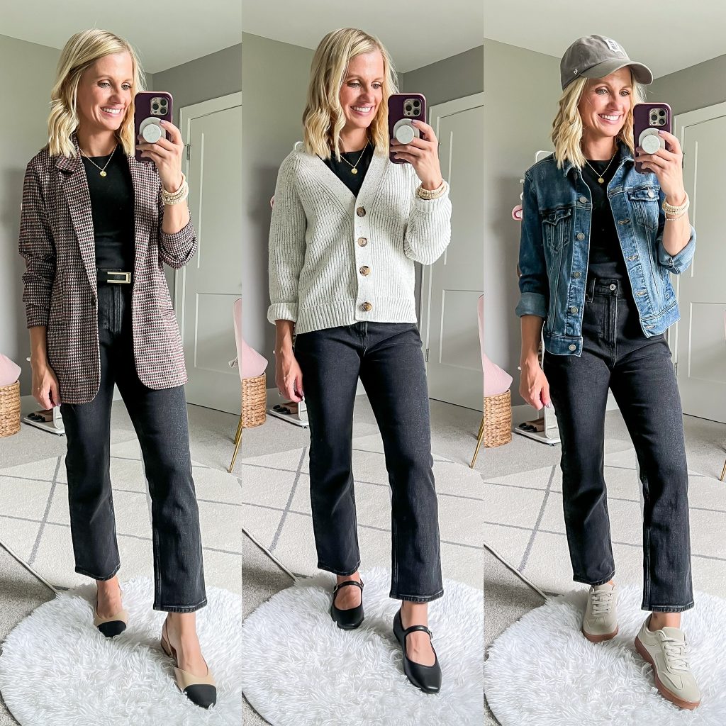 mom capsule wardrobe for all with cropped black jeans as base and paired with houndstooth blazer, cardigan or jean jacket