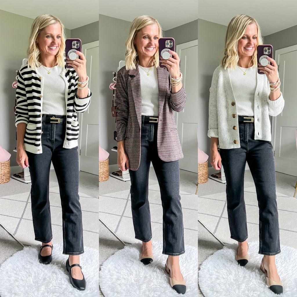 mom capsule wardrobe outfits for fall with cropped black jeans, white tee and layered with either cardigan or houndstooth blazer