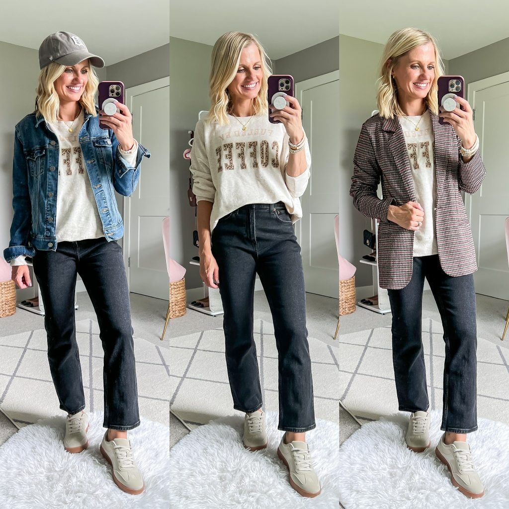 fall capsule wardrobe for moms casual chic outfit ideas with cropped black pants, gum sole sneakers and graphic crew neck sweatshirt