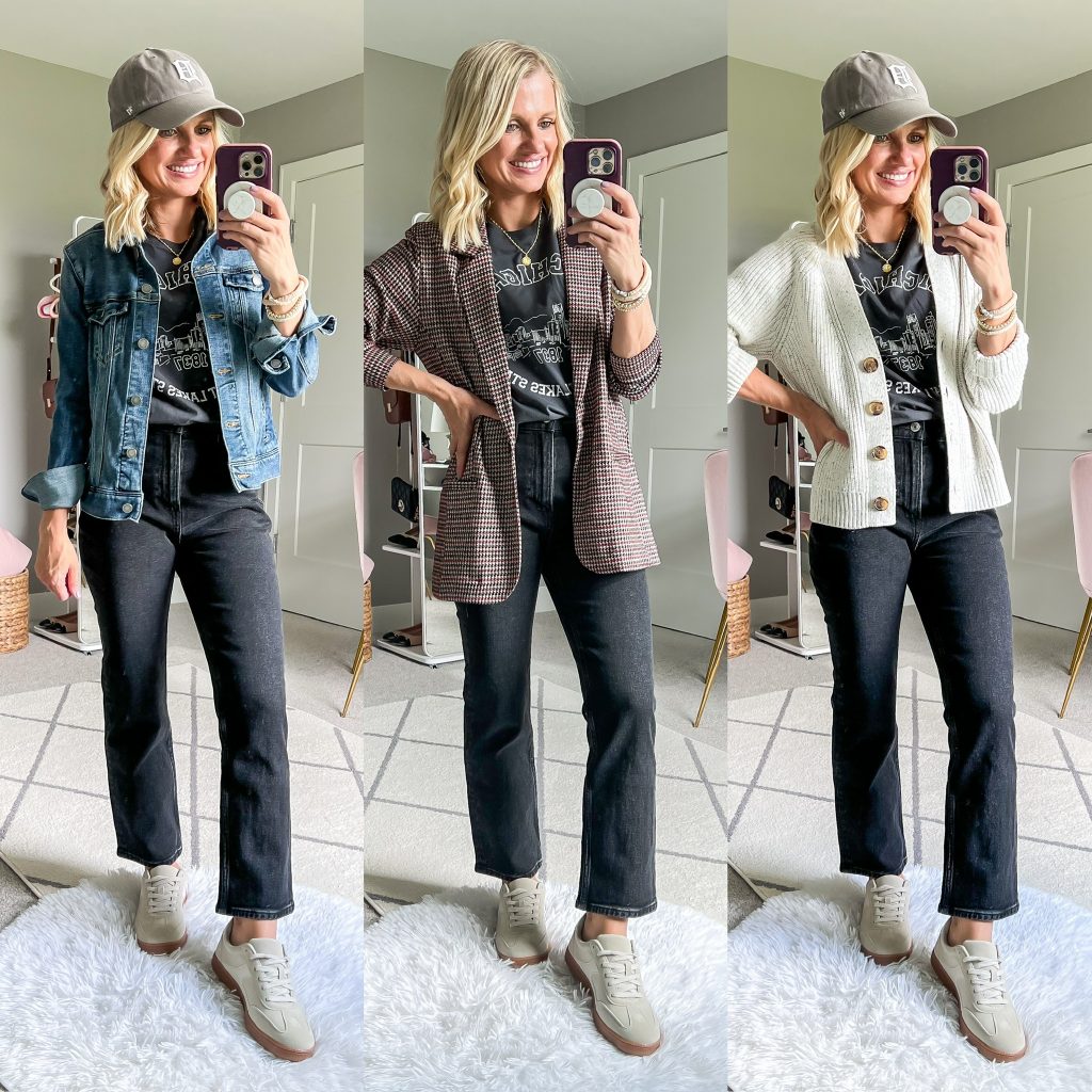 casual chic outfit ideas for fall with cropped black jeans and gum sole sneakers