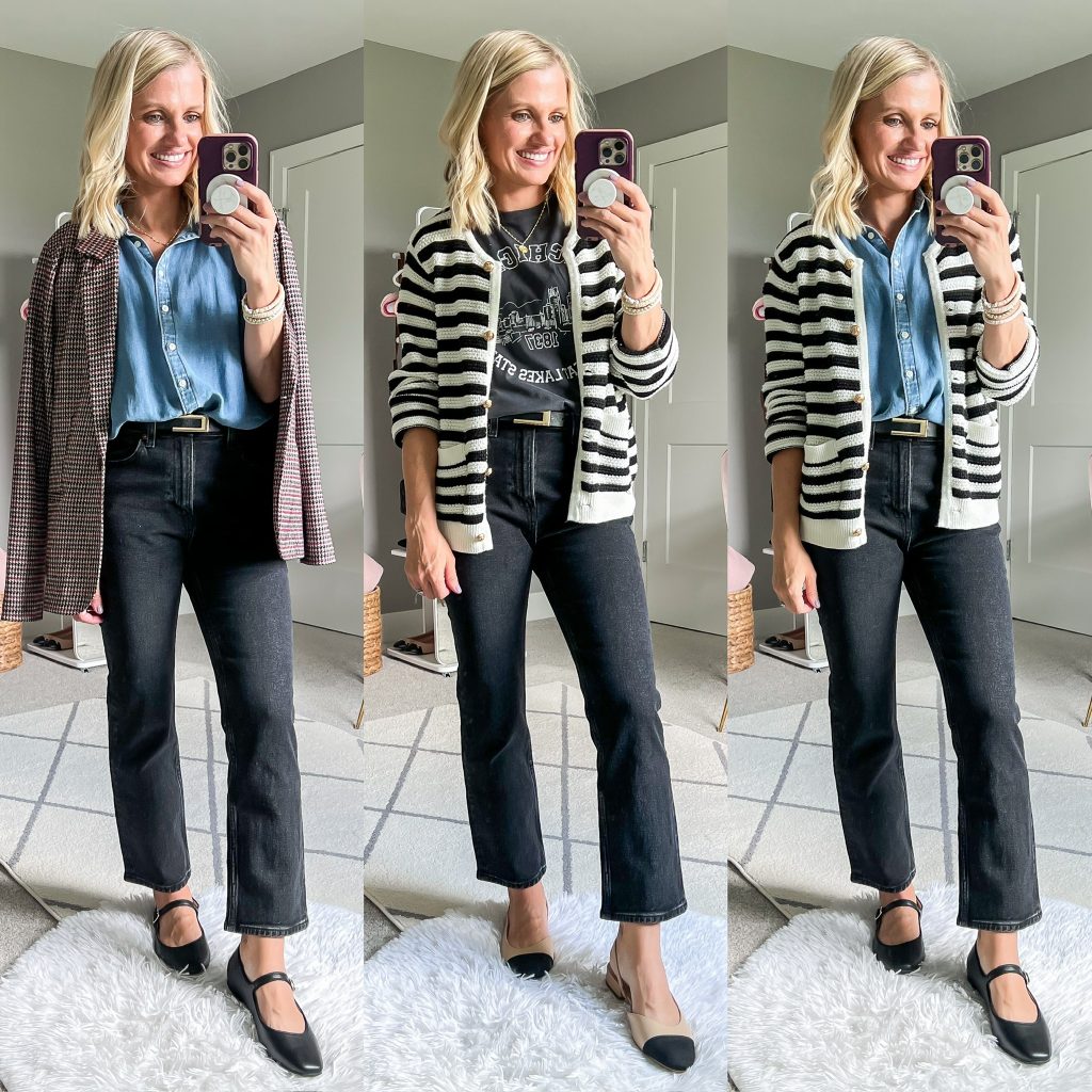 fall capsule wardrobe with cropped black jeans, mary jane flats and cardigans or blazer