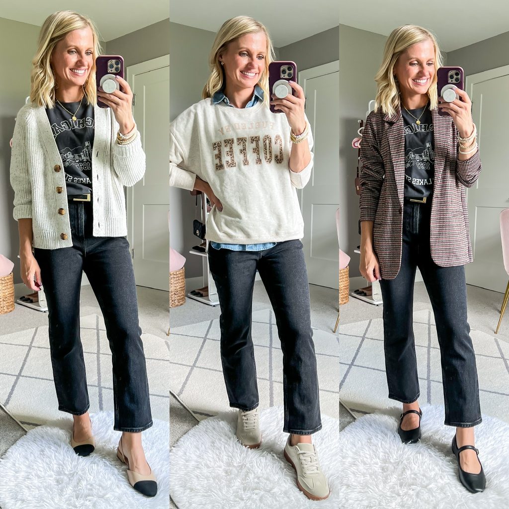 mom capsule wardrobe with cropped black jeans