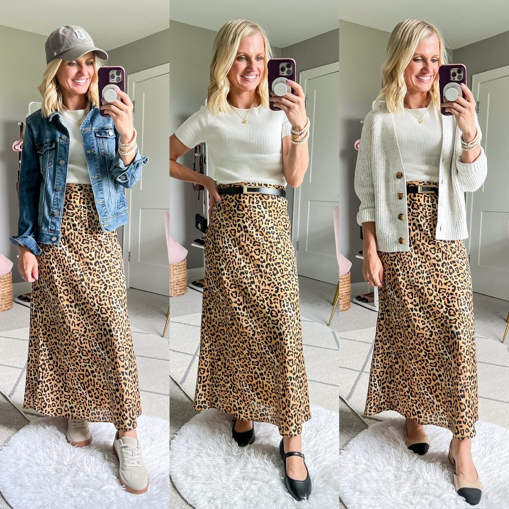 mom fall capsule wardrobe outfit ideas with white top and leopard slip skirt