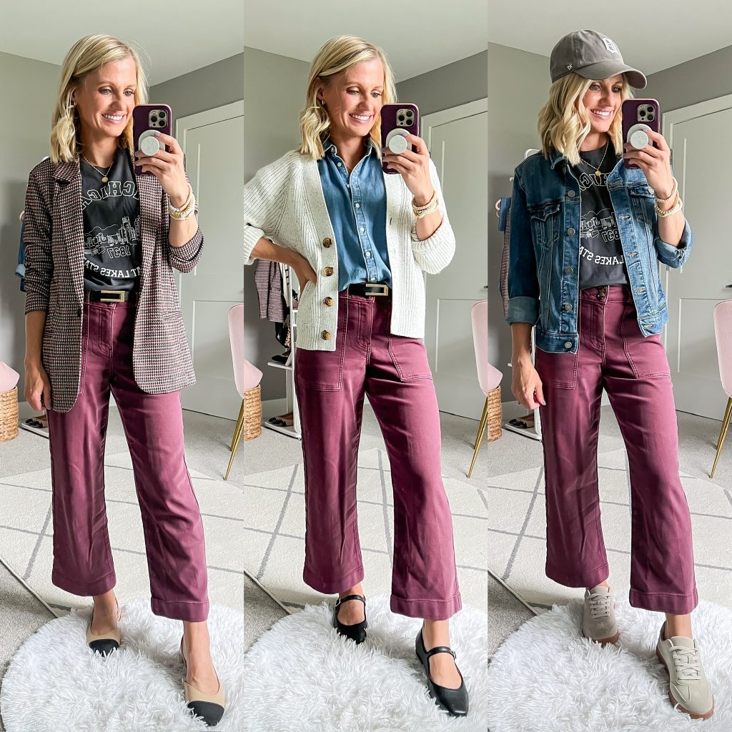 mom fall outfit ideas to wear with burgundy pants and graphic t-shirt