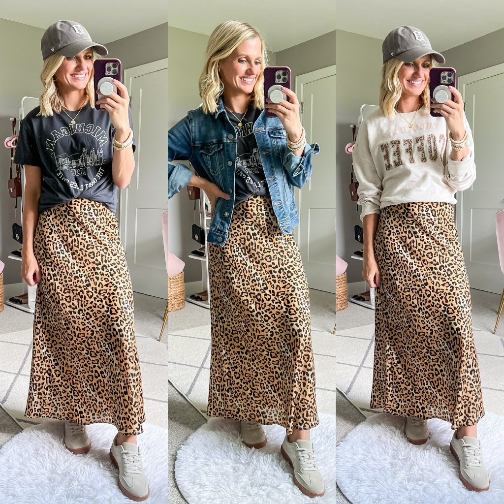 fall capsule wardrobe for women outfit ideas for a leopard slip skirt and graphic tee shirt