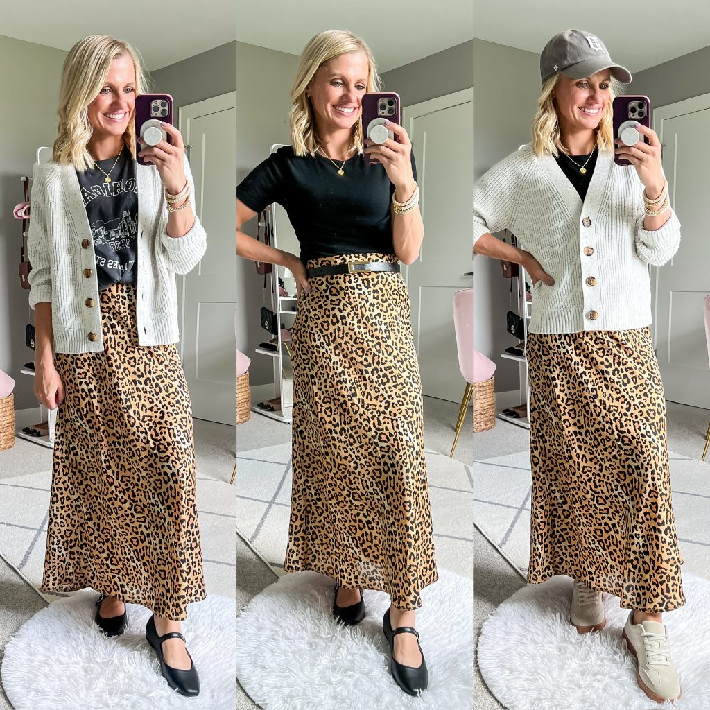 mom capsule wardrobe outfit ideas for a leopard slip skirt and cardigan or black short sleeved top