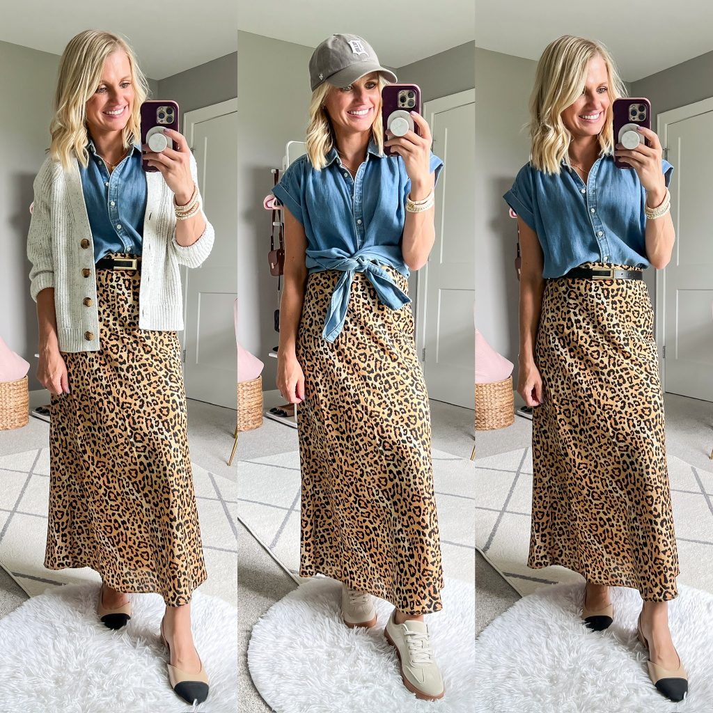 capsule wardrobe for fall outfit ideas using a leopard slip skirt and denim top