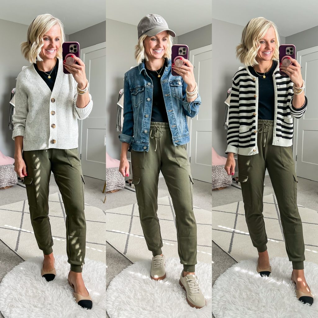 mom capsule wardrove outfit ideas using joggers with denim jacket, lady jacket and cardigan