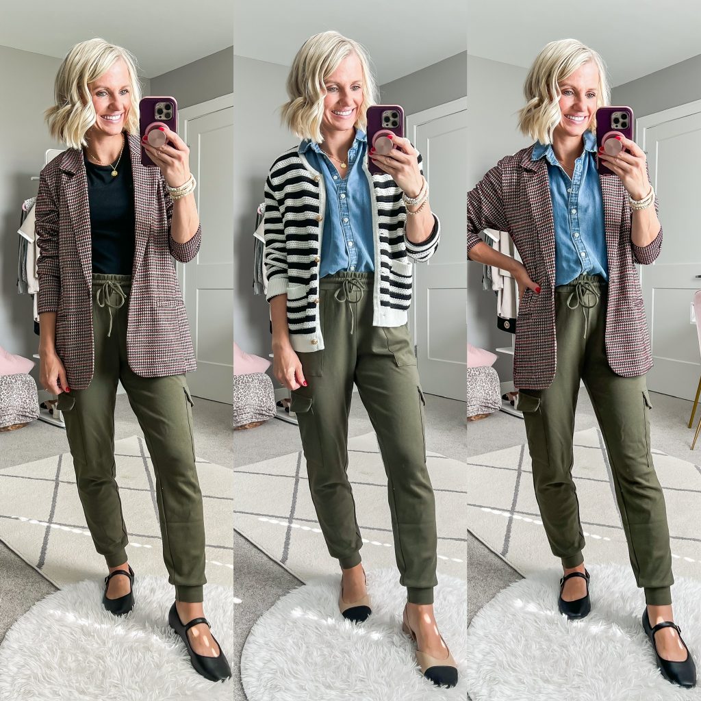 capsule wardrobe for fall outfit ideas with cargo pants and houndstooth blazers or cardigan