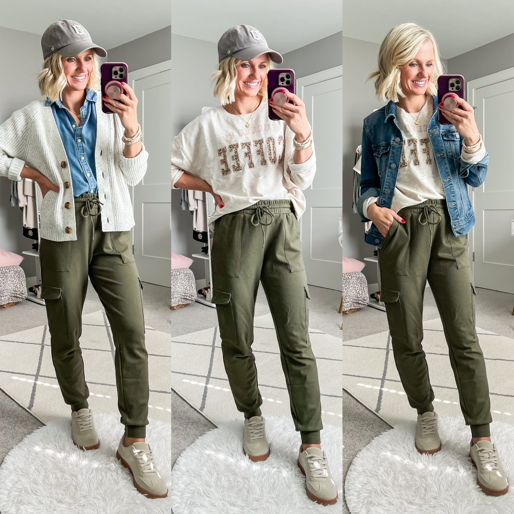 fall capsule wardrobe for moms three outfits using green cargo joggers worn with a cardigan, sweatshirt and jean jacket