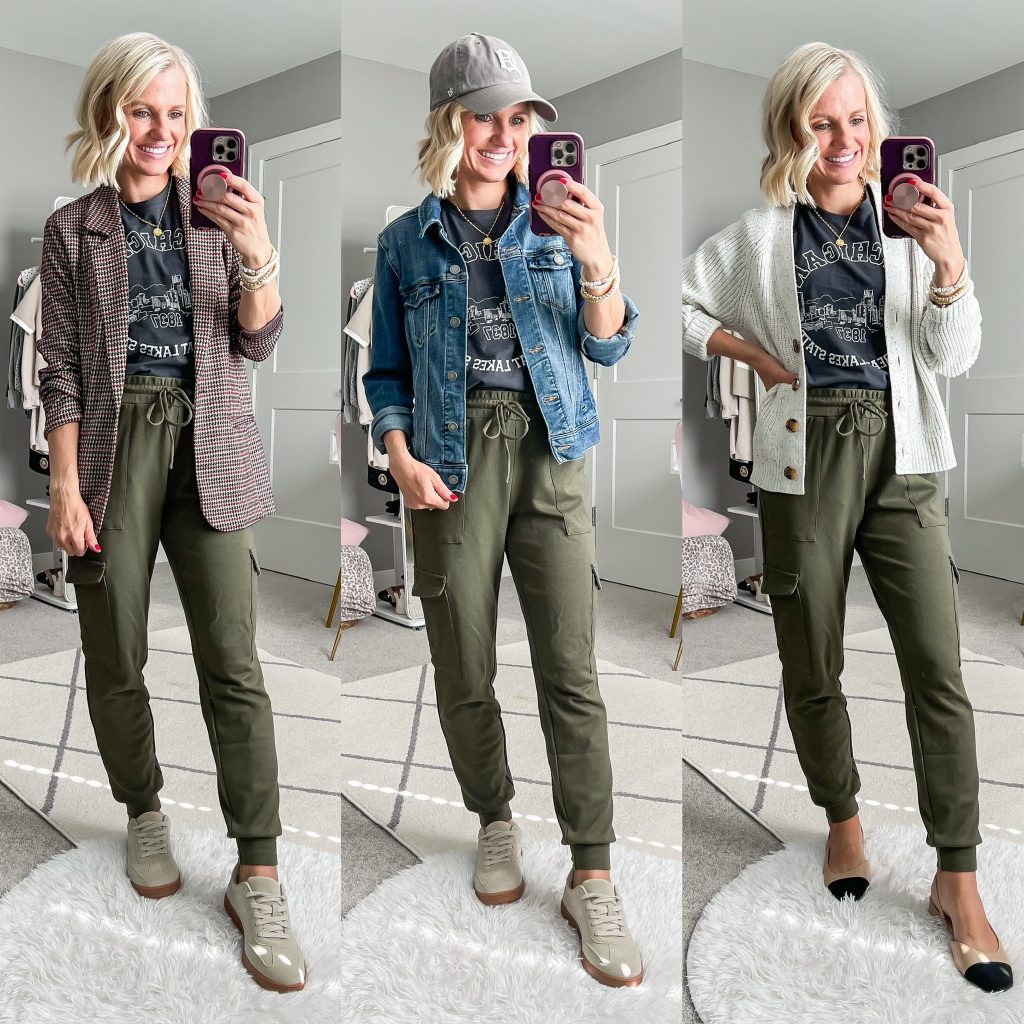 mom capsule wardrobe for fall outfit ideas using olive green cargo pants