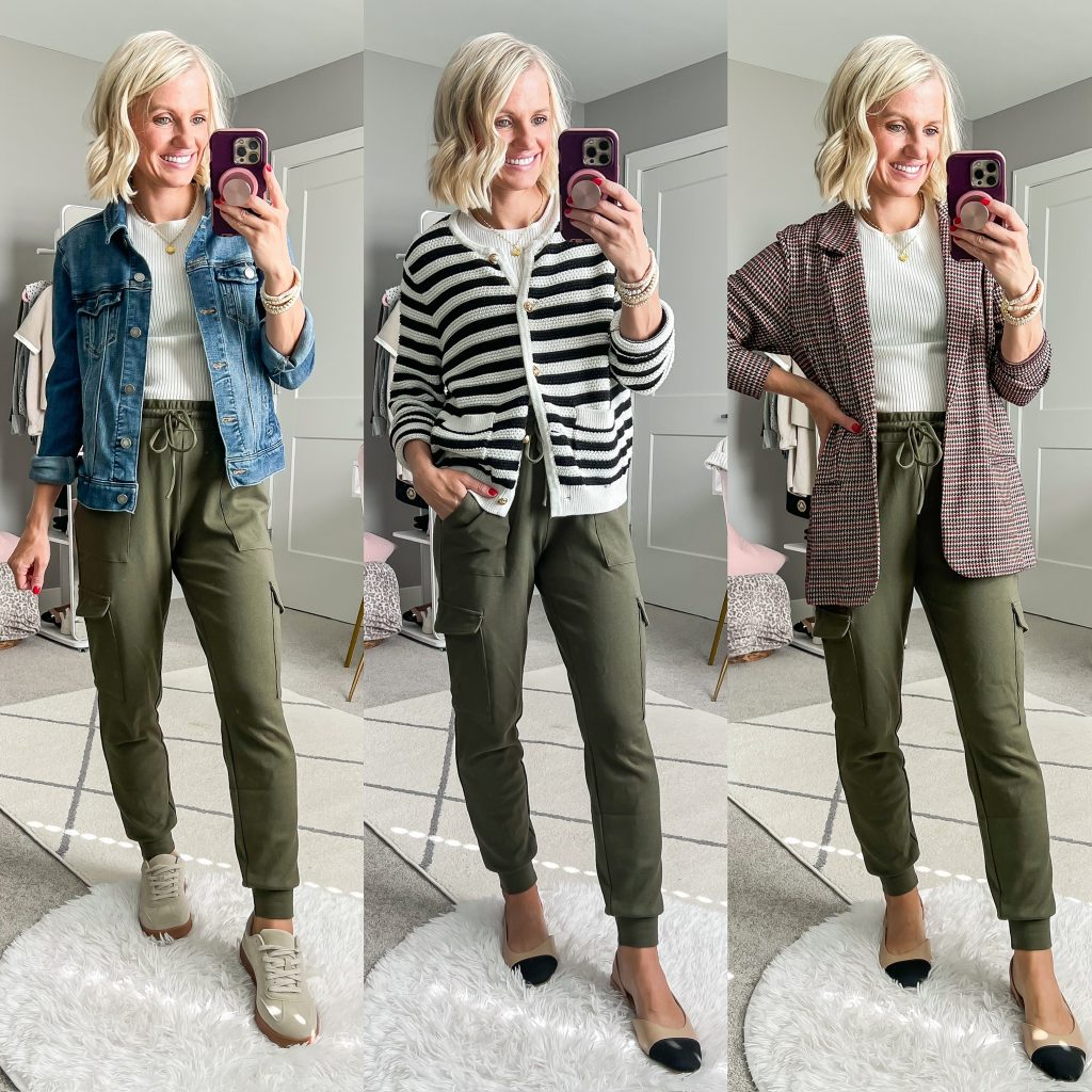 Fall items in a mom capsule wardrobe olive green joggers worn three ways