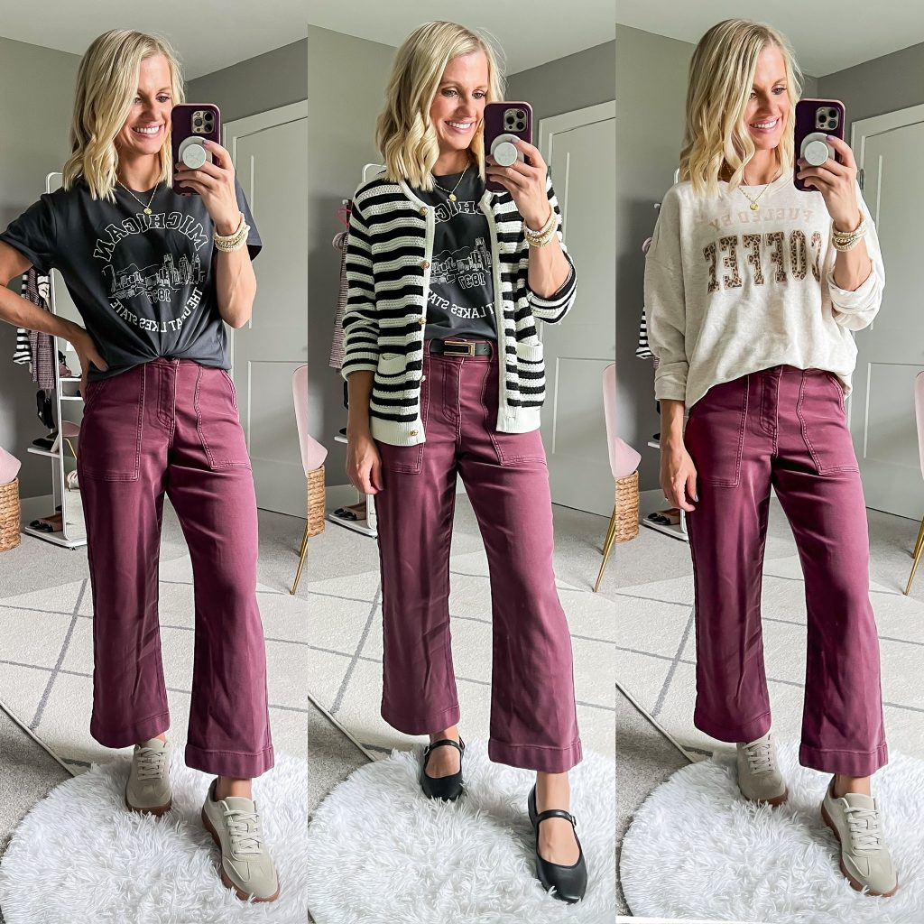 mom outfit ideas to wear with burgundy pants