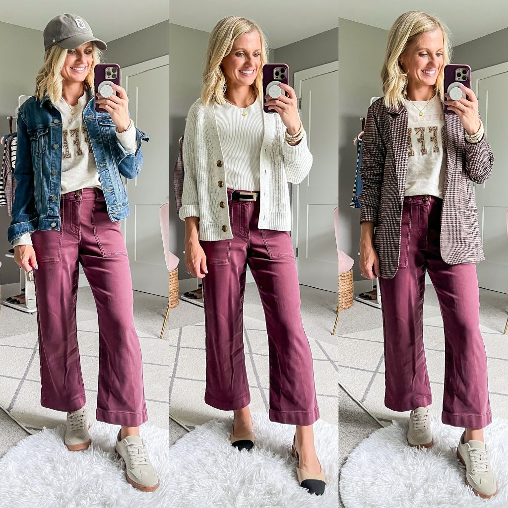 fall outfit ideas for burgundy pants