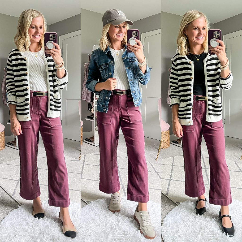 fall outfit ideas for moms with burgundy cropped pants