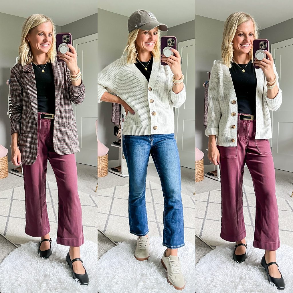 three fall outfit ideas to wear for moms with cropped pants and cardigans or blazer