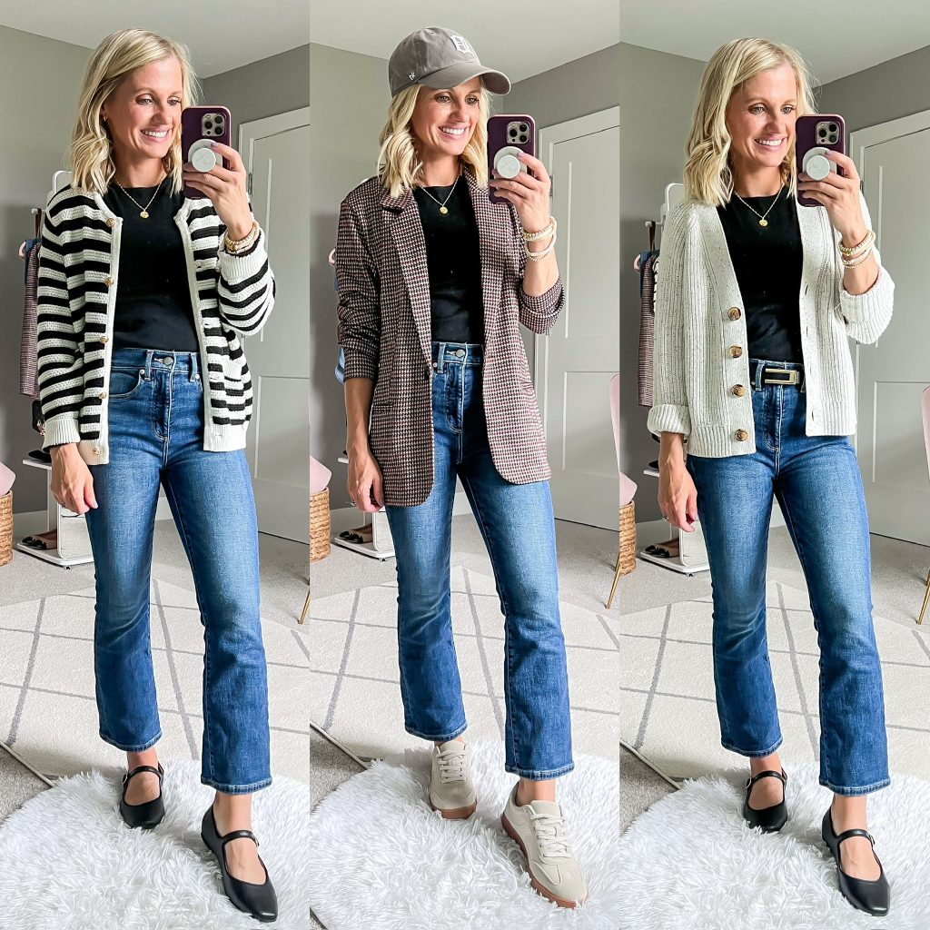 fall outfit ideas for moms with cropped jeans and layered with cardigans or a blazer