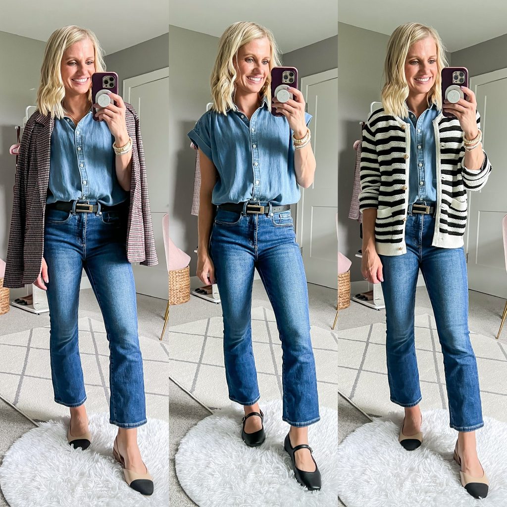 mom fall capsule wardrobe with outfit ideas for cropped jeans