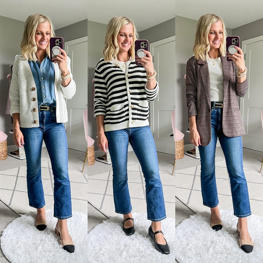 mom outfits for fall with cropped denim and ballet flats