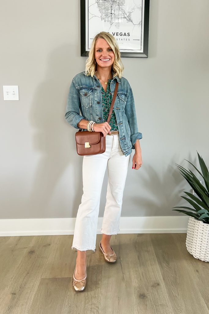 white jeans outfit with fall blouse and a jean jacket