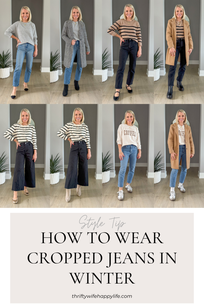 Outfits to show how to transition cropped jeans from fall to winter. 