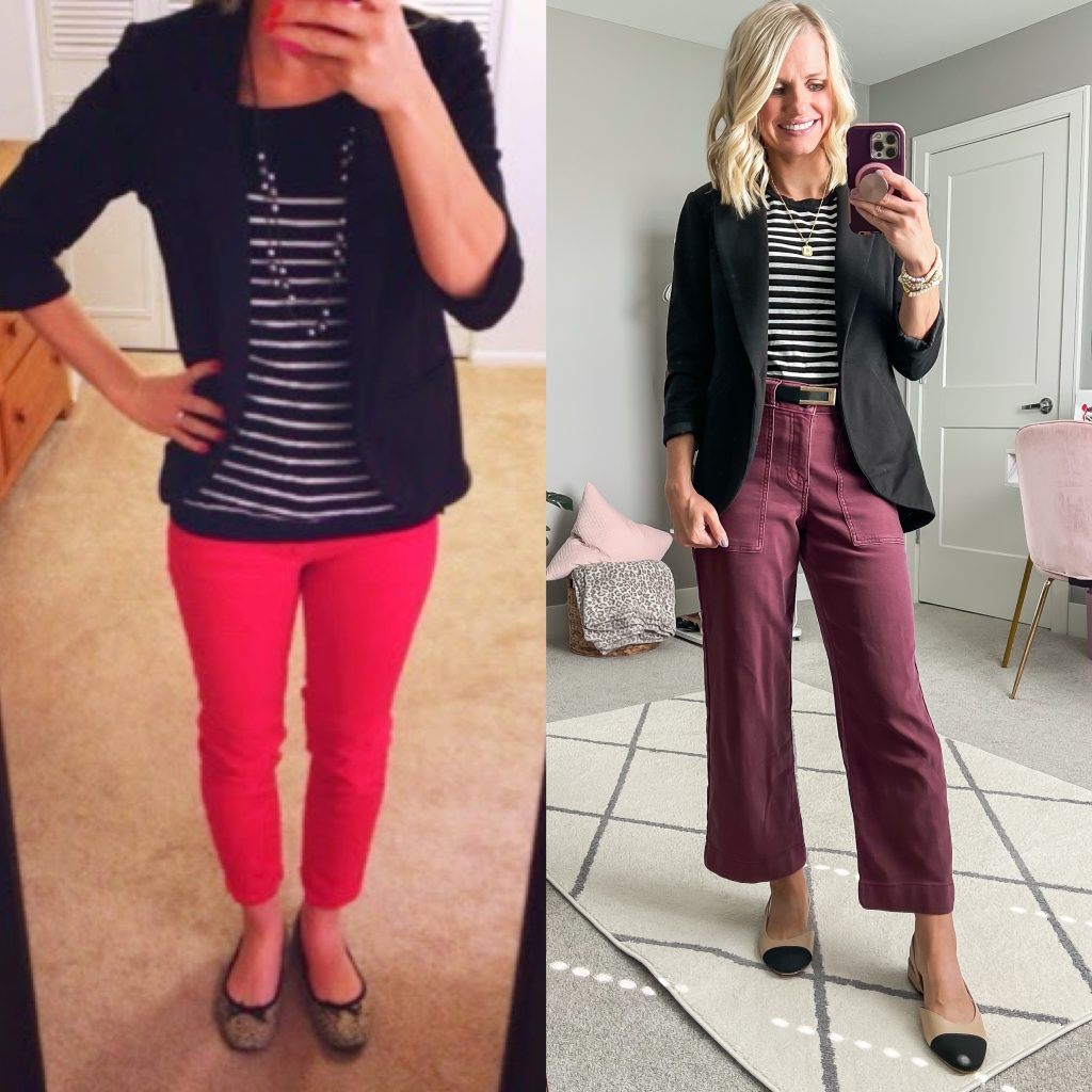 Skinny jeans and a blazer updated to a wide-leg cropped colored pants and a blazer