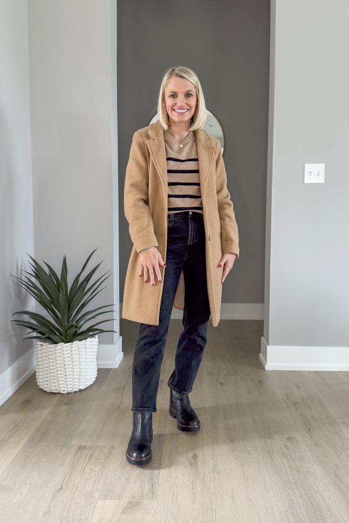 Striped sweater worn with black cropped jeans, a wool coat and black chelsea boots.