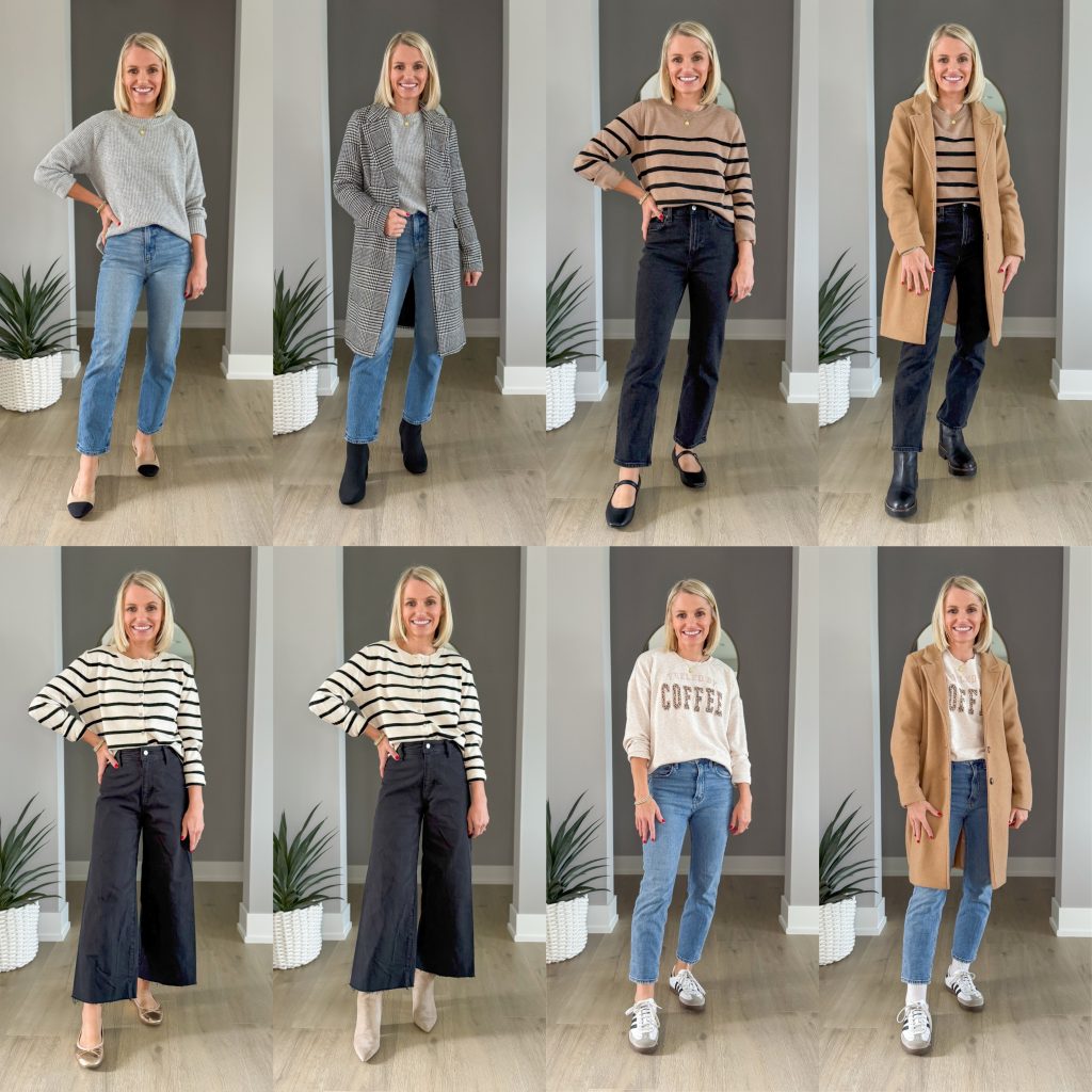 Outfits showing how you can style cropped jeans from fall to winter. 