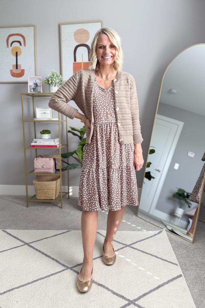 affordable amazon short sleeve dress styled with a cardigan and ballet flats