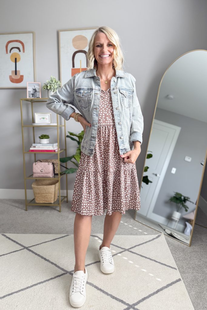 affordable amazon short sleeve dress styled with denim jacket and white sneakers