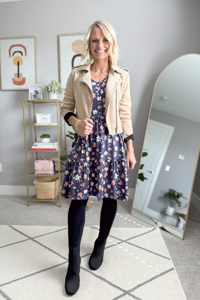 affordable amazon long sleeve dress styled with tan moto jacket, black tights and booties