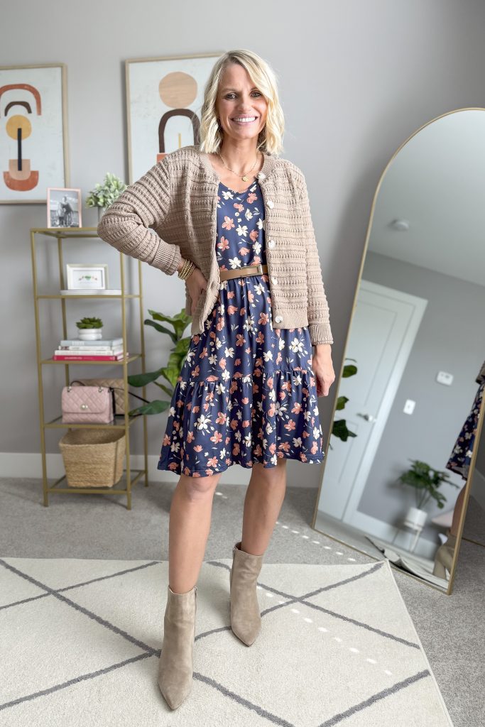 affordable amazon long sleeve dress styled with nude belt, cardigan and taupe booties