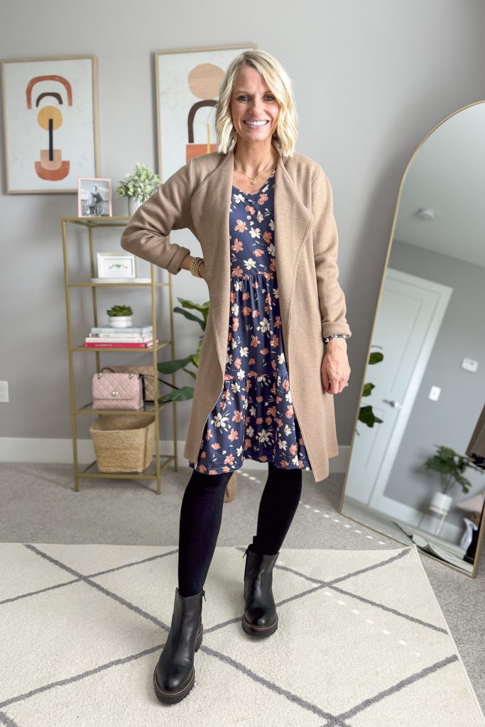 affordable amazon long sleeve dress styled with long tan cardigan, black tights and black chelsea boots