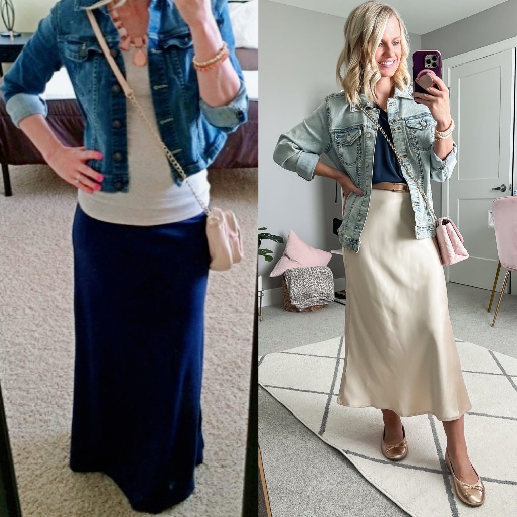 Maxi skirt updated look with a silk skirt. 